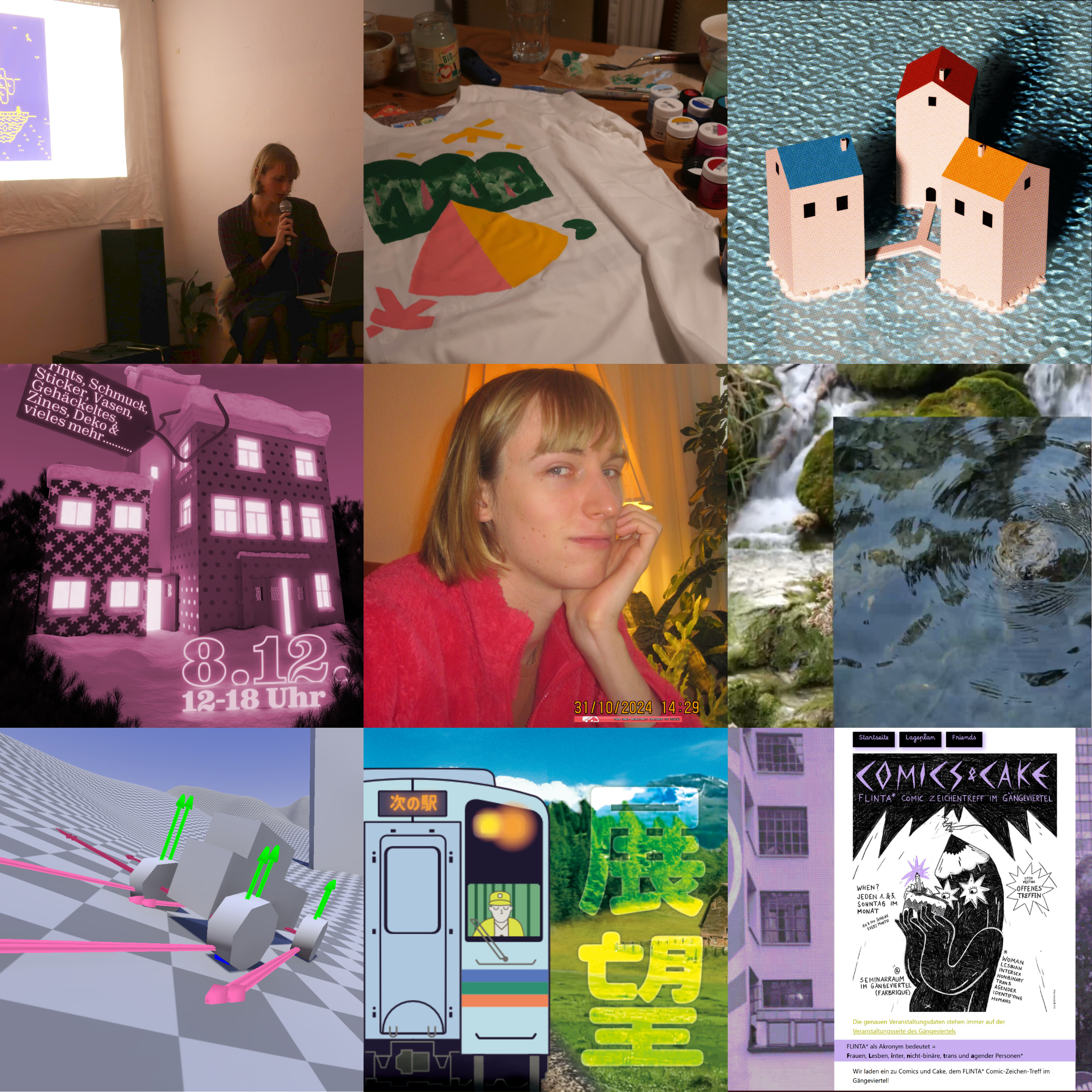 A image made out of 9 grid images. In the top left is me sitting in front of projector. The middle top picture shows a white tshirt on a wodden tabble with yellow, green and pink colors. The third picture are three primary color houses in a sea. In the mid