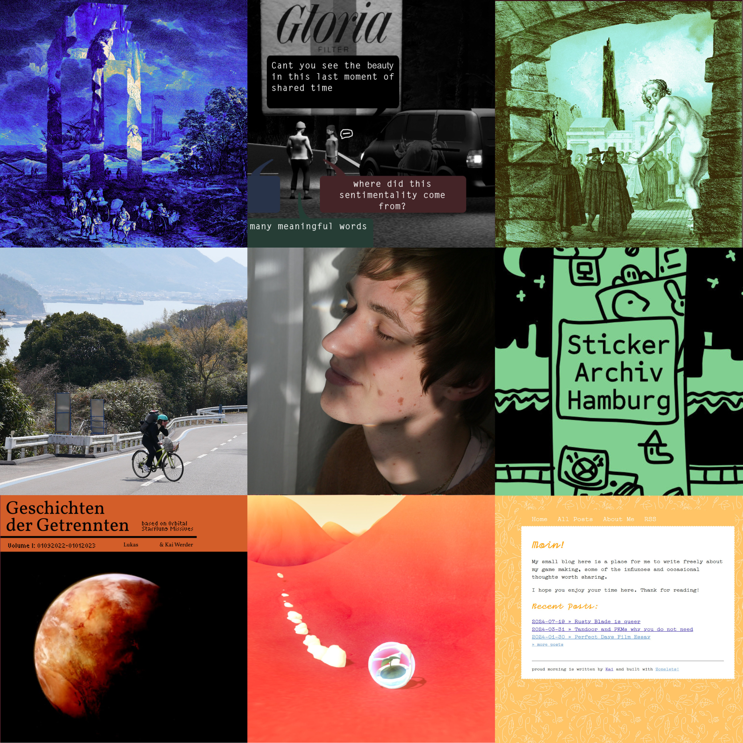 its a nine slice of my years recap. In the order from left to botton: 1. blue collage with a gate overlaying 2. cigartettes and traffic in black and white. 3. green collage of a naked women being watched by dutch men 4. a street with a green bike on it. it